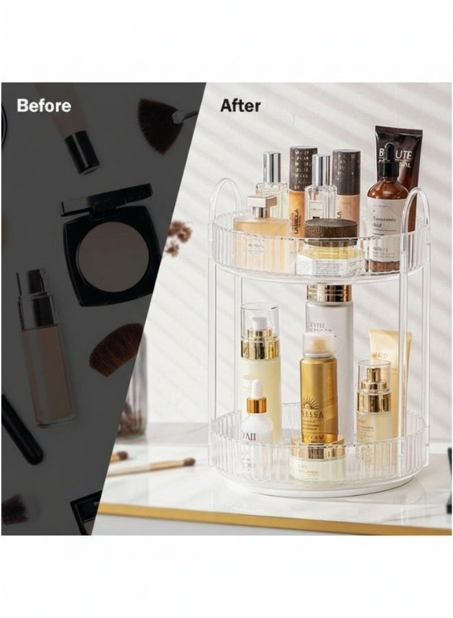 منظم مكياج دوار مع حامل فراشي المكياج، وفر 80% من مساحة التسريحة مع منظم مستحضرات تجميل فاخر 2 دور، حامل عناية بالبشرة دوار 360°، شفاف - Image 4